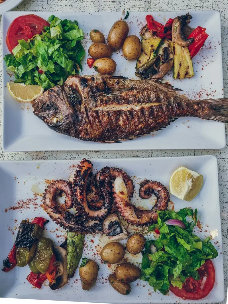Platos de pescado a la brasa y pulpo con papas y ensalada